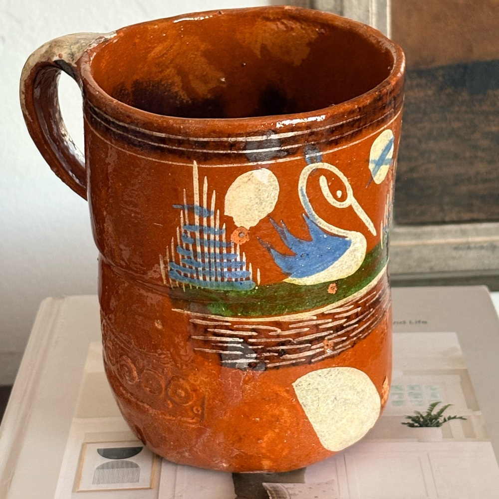 Vintage Handcrafted Mexican Terracotta Mug with Swan Design